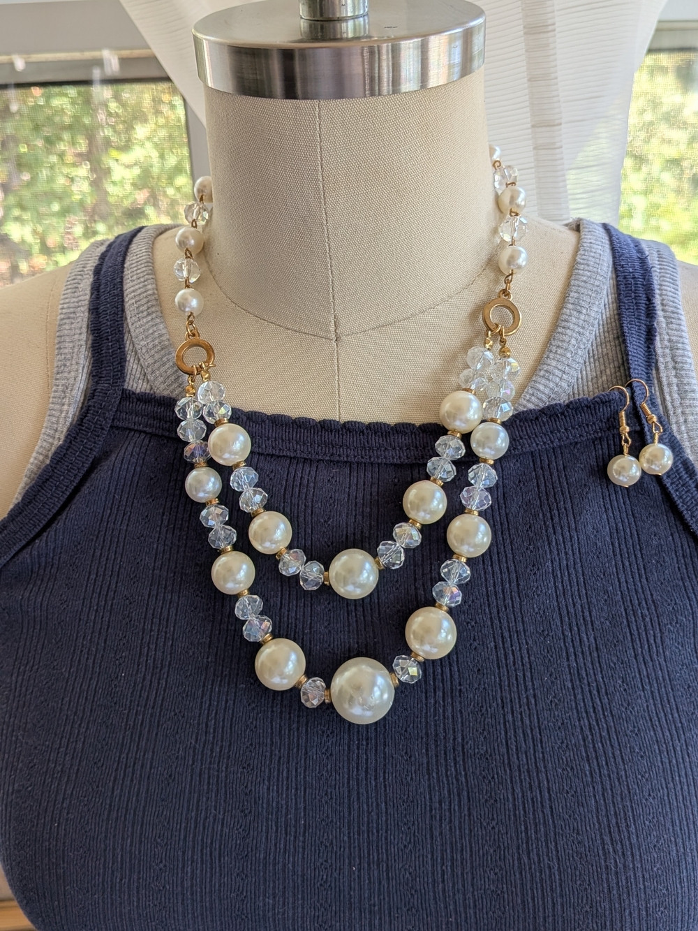 Double Strand Faux Pearl & Crystal Bead Necklace Set with Matching Earrings
